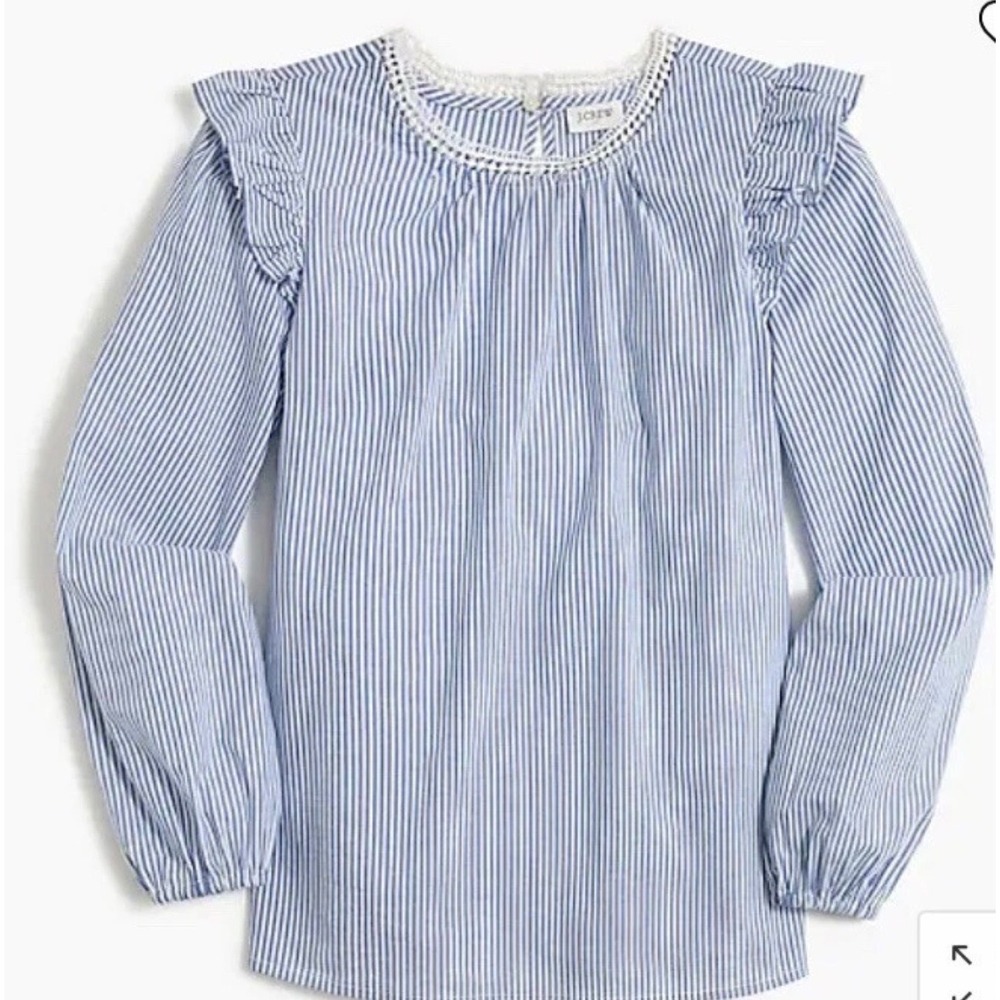J.Crew Blue White Striped Ruffle Shoulder Crochet Lace Trim Top XL French Girl